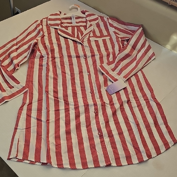 Stars Above Red and White Striped All Cotton Striped  Nightshirt - Picture 1 of 10